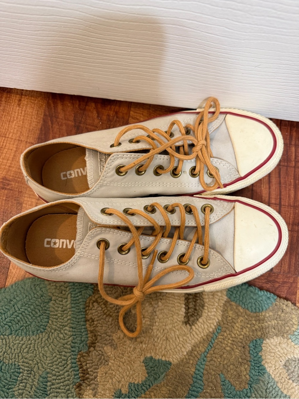 Converse Low Top Canvas Sneakers in Tan with Red Trim